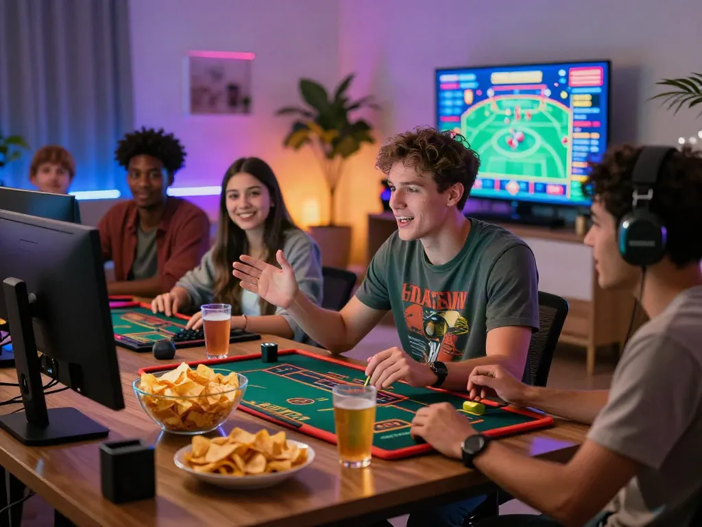 Friends enjoying a lively gaming night at new non gamstop casinos, surrounded by snacks and vibrant decor.