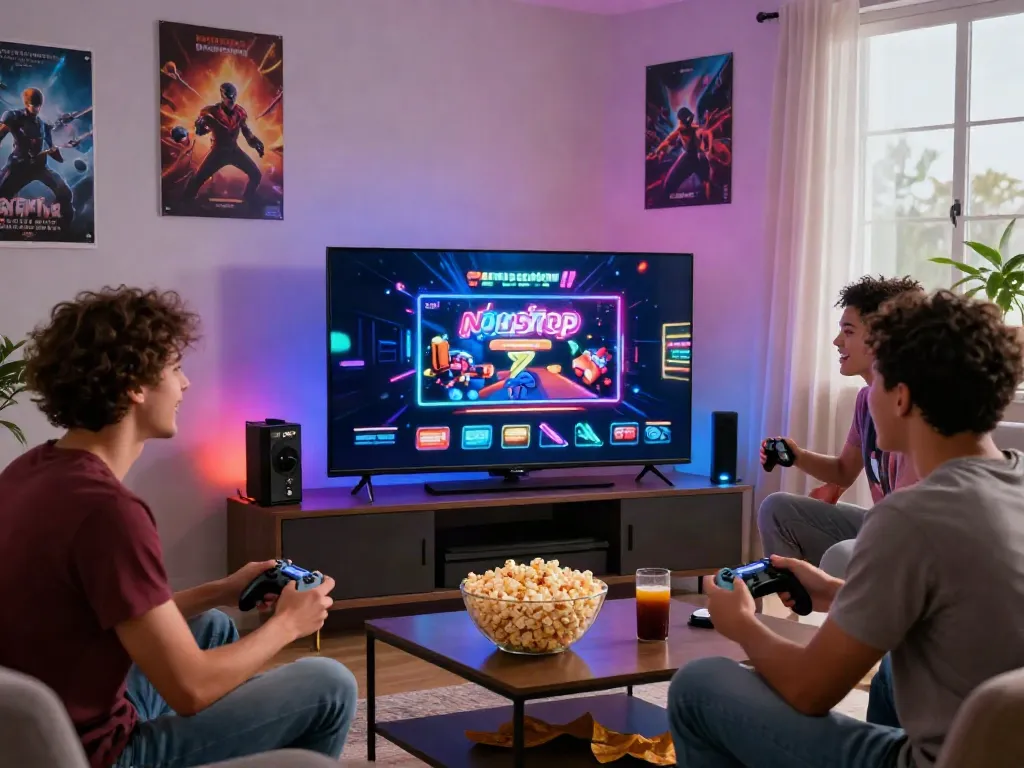 A lively gaming night showcasing friends enjoying new non gamstop casinos together in a cozy setting.