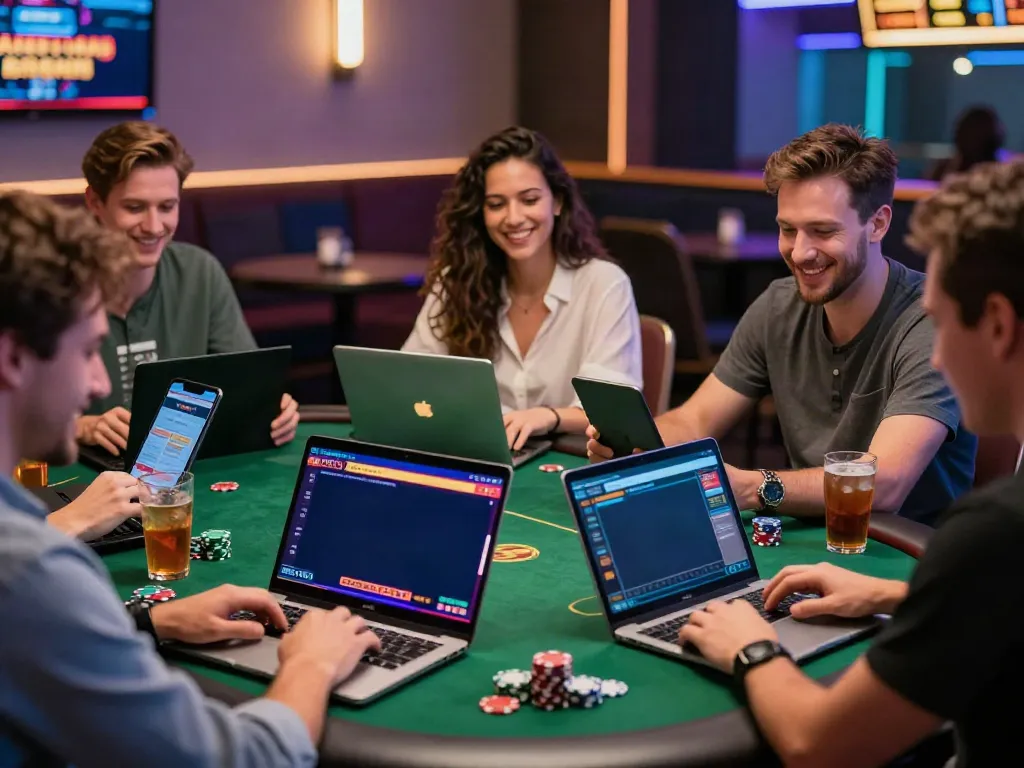 Players enjoying vibrant new non Gamstop casinos on laptops and mobile devices in an engaging casino environment.