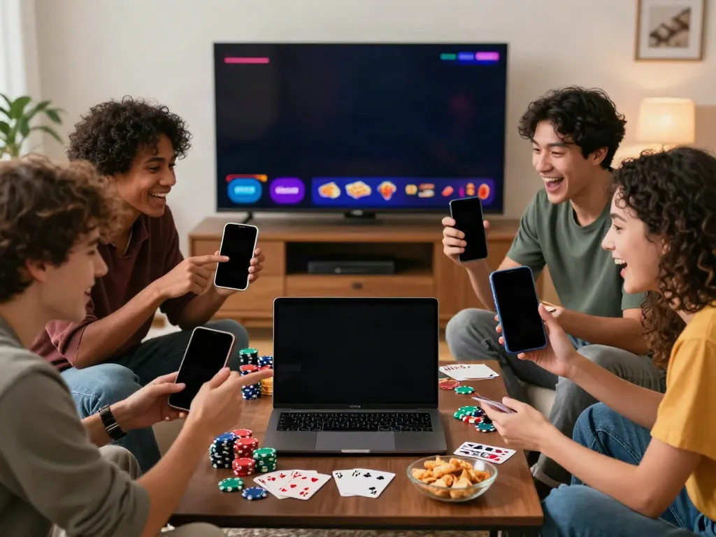 A group of friends joyfully engaging with new non Gamstop casinos in a cozy living room.