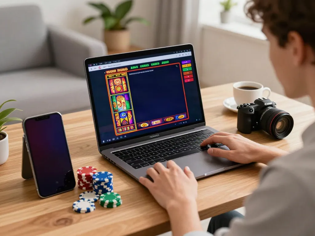 Youthful player exploring new non GamStop casinos on a laptop while enjoying a cozy atmosphere.