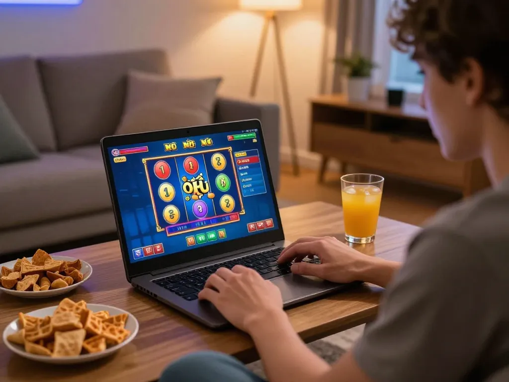 Nổ hũ gameplay screenshot displayed on a laptop during a cozy home gaming session.