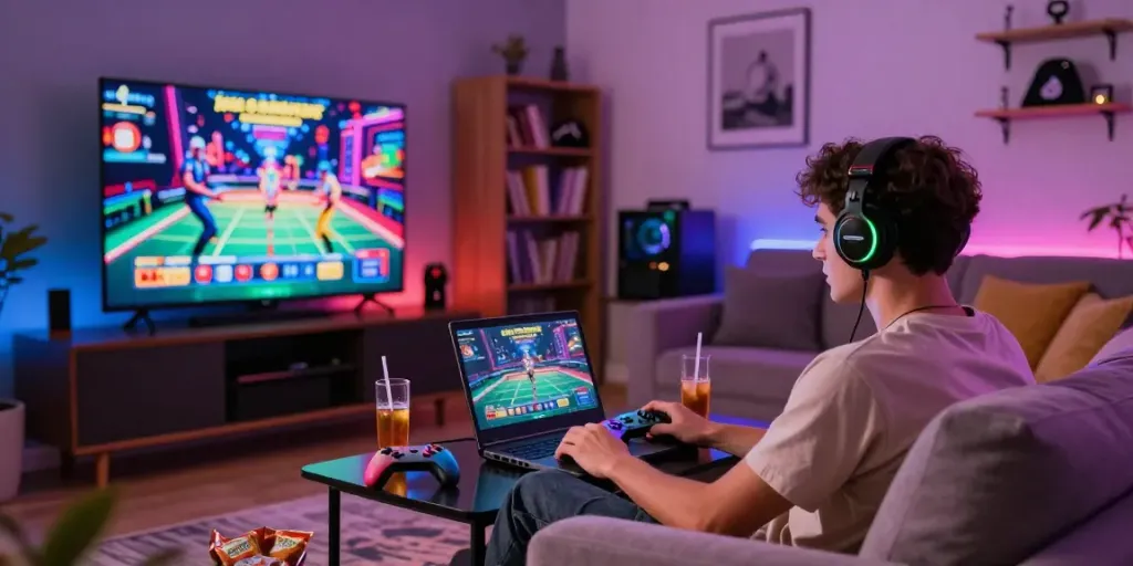 Player enjoying new non gamstop casinos experience in a vibrant living room.
