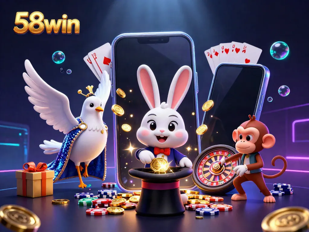 Experience thrilling wins with 58win's enchanting casino scene featuring a magician rabbit and playful elements.