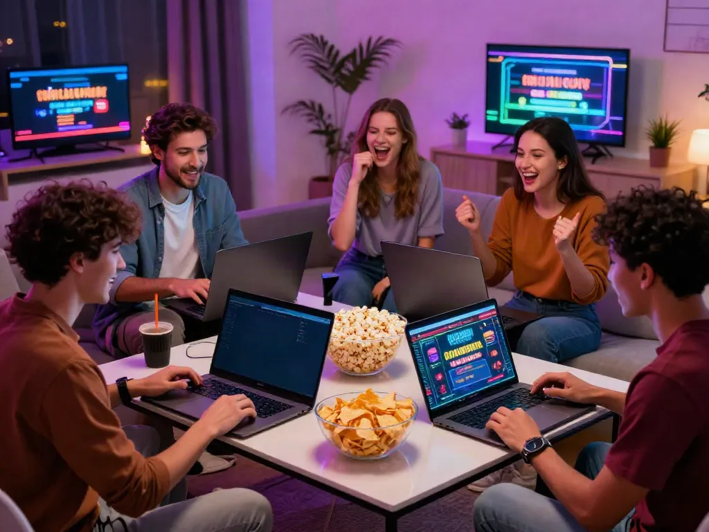 Friends enjoying a lively game night featuring new non gamstop casinos in a vibrant living room.