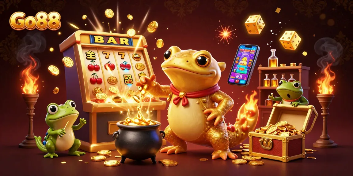 Go88 delights players with a captivating 3D casino scene of a golden salamander alchemist turning base metals into gold.