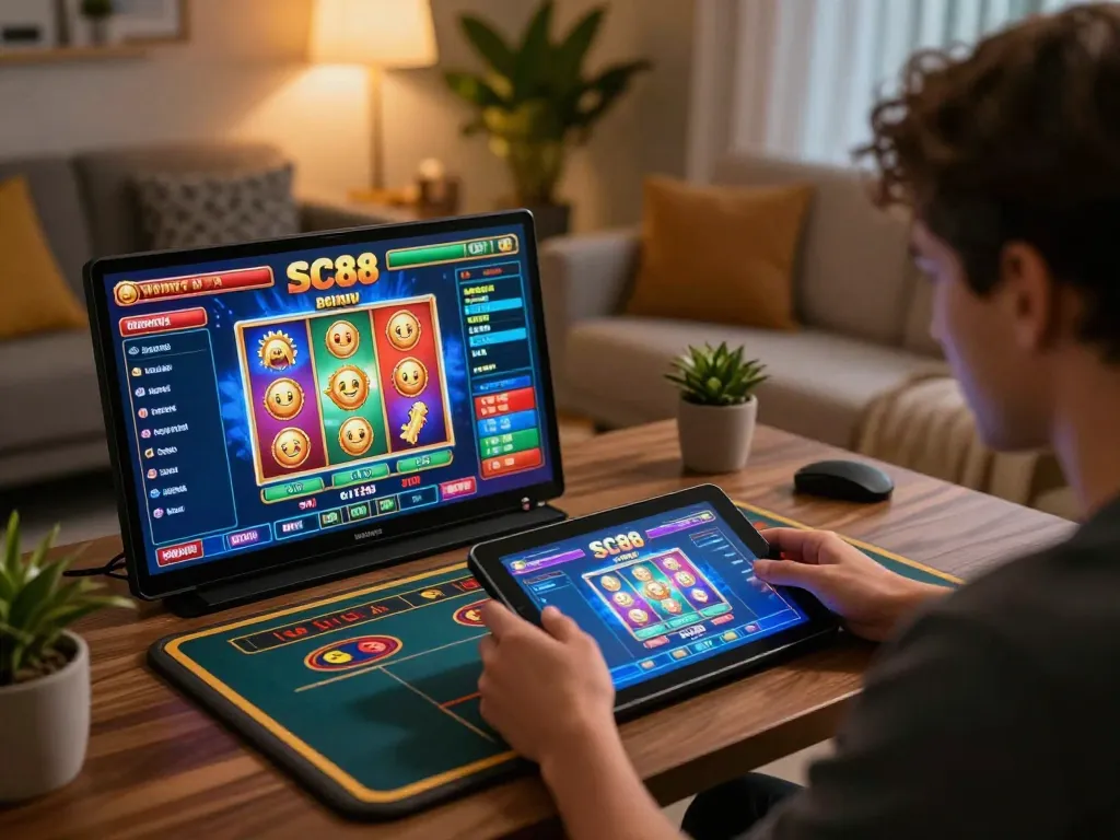 Player engaging in online gaming on SC88 with tablet displaying colorful casino graphics and stats