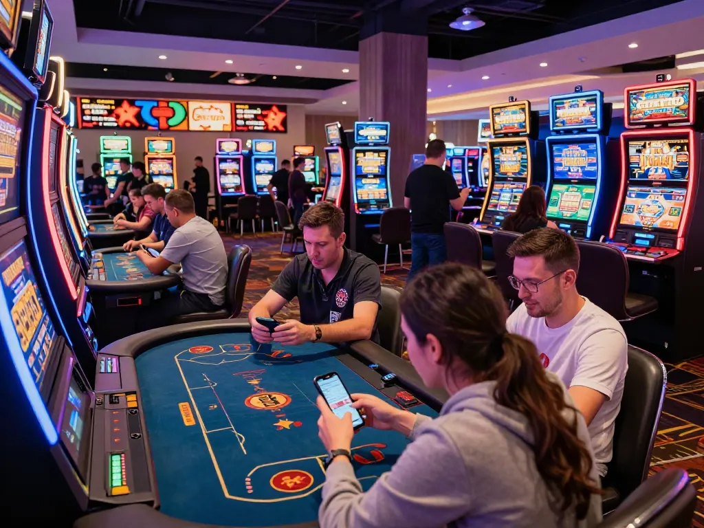 Excited players enjoying games at new non GamStop casinos with neon lights.