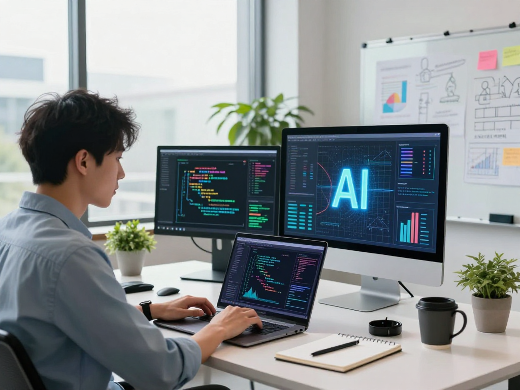Dynamic tech workspace showing a data scientist working with juicy AI algorithms in a modern office.
