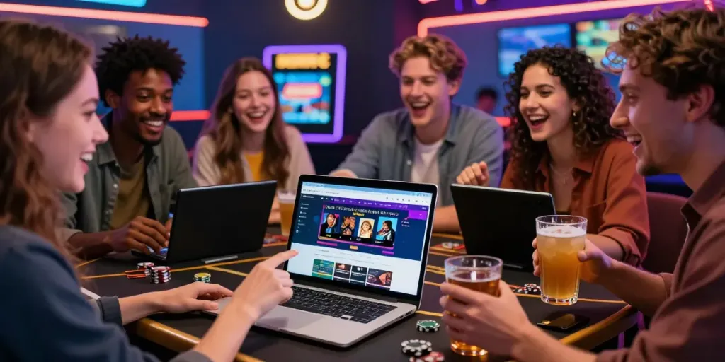 Friends excitedly exploring new non GamStop casinos on a laptop in a lively casino-themed setting.