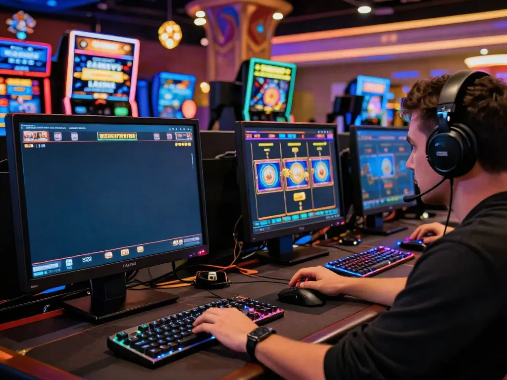 Engaged player exploring new credit card casinos on sleek desktop setup showcasing vibrant best casino games.