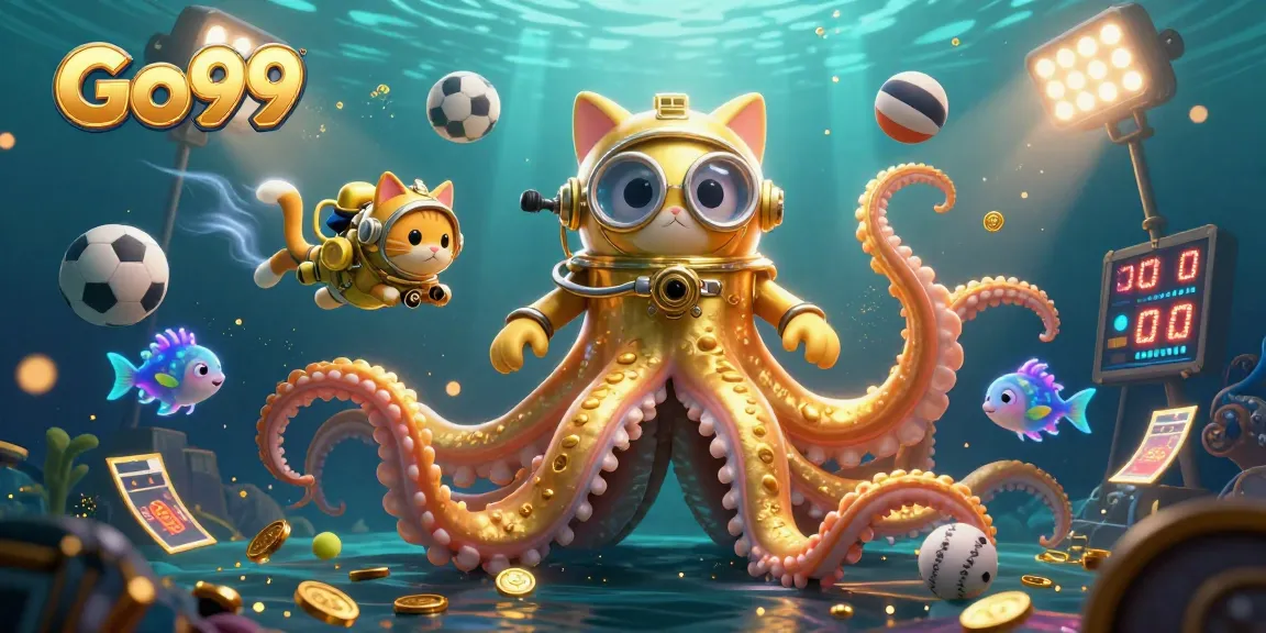 Experience Go99 with a colossal kraken, diving cat, and vibrant sports elements in an immersive scene.