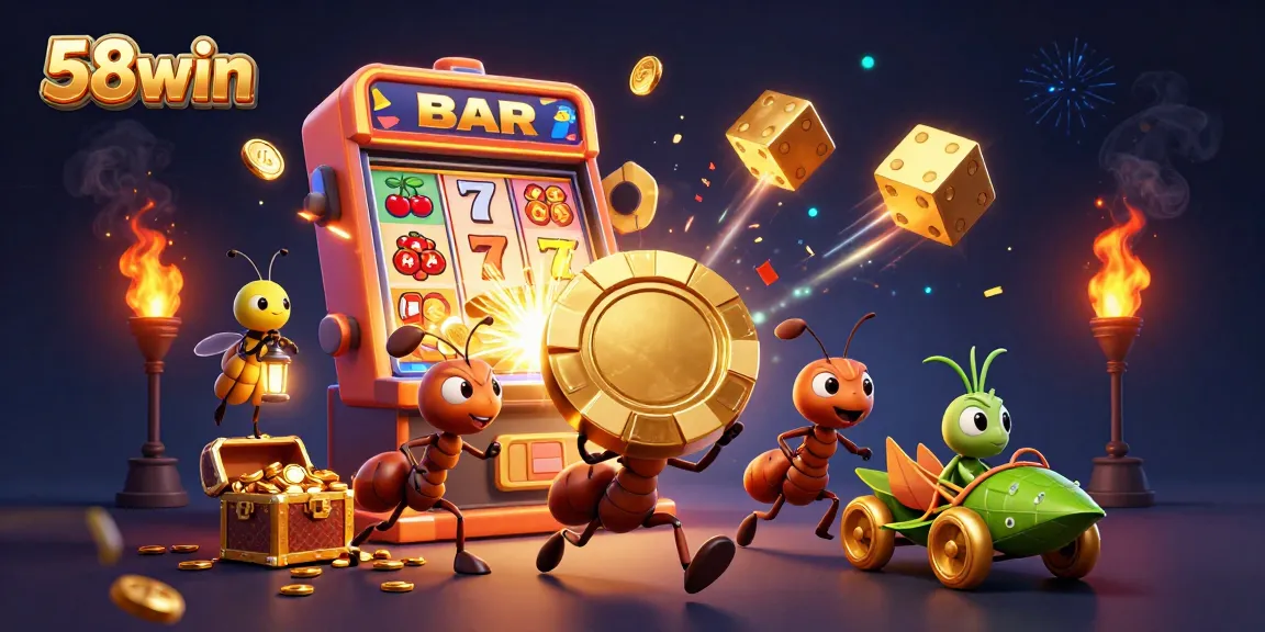 Experience the thrill with 58win as cartoon ants embark on a casino heist through vibrant imagery.
