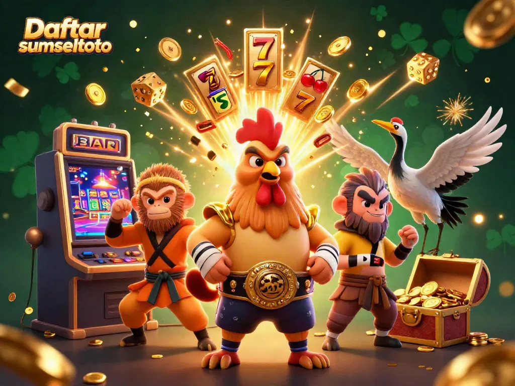 Experience the thrill of Daftar sumseltoto with animated casino action featuring a Muay Thai rooster and slot machine.
