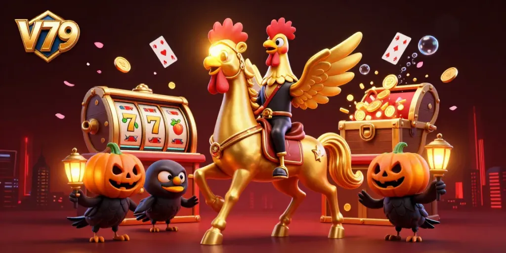 V79 golden rooster represents top casino gaming experience as it rides through a vibrant casino.