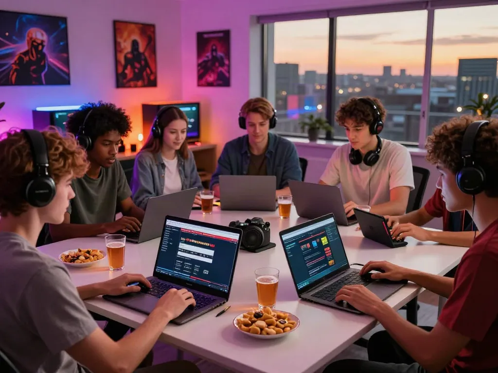 Social gaming night with friends exploring new non gamstop casinos on laptops.