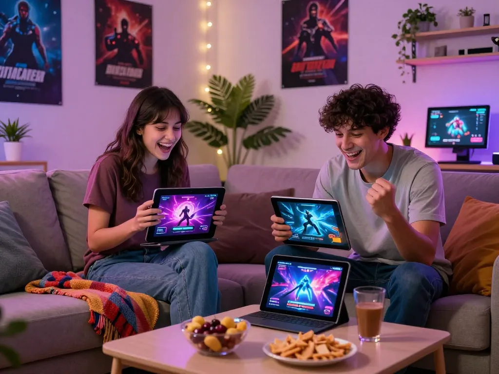 Engaging couple playing porngame on tablets in a cozy living room.