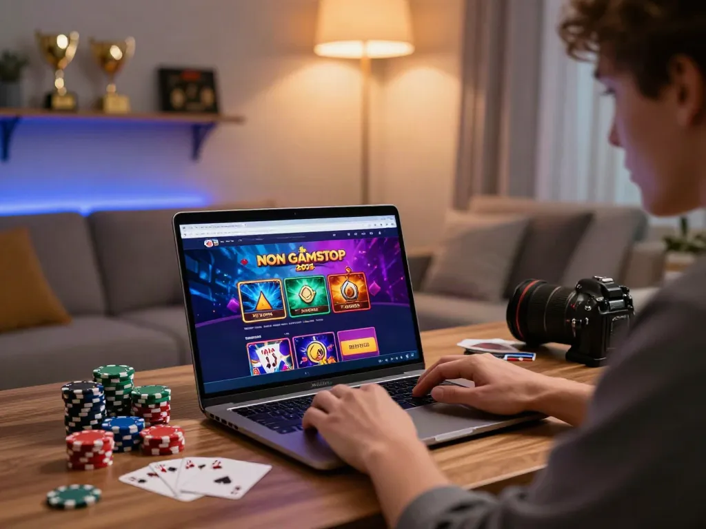 Exciting scene featuring a player exploring new non Gamstop casinos online in a cozy gaming corner.