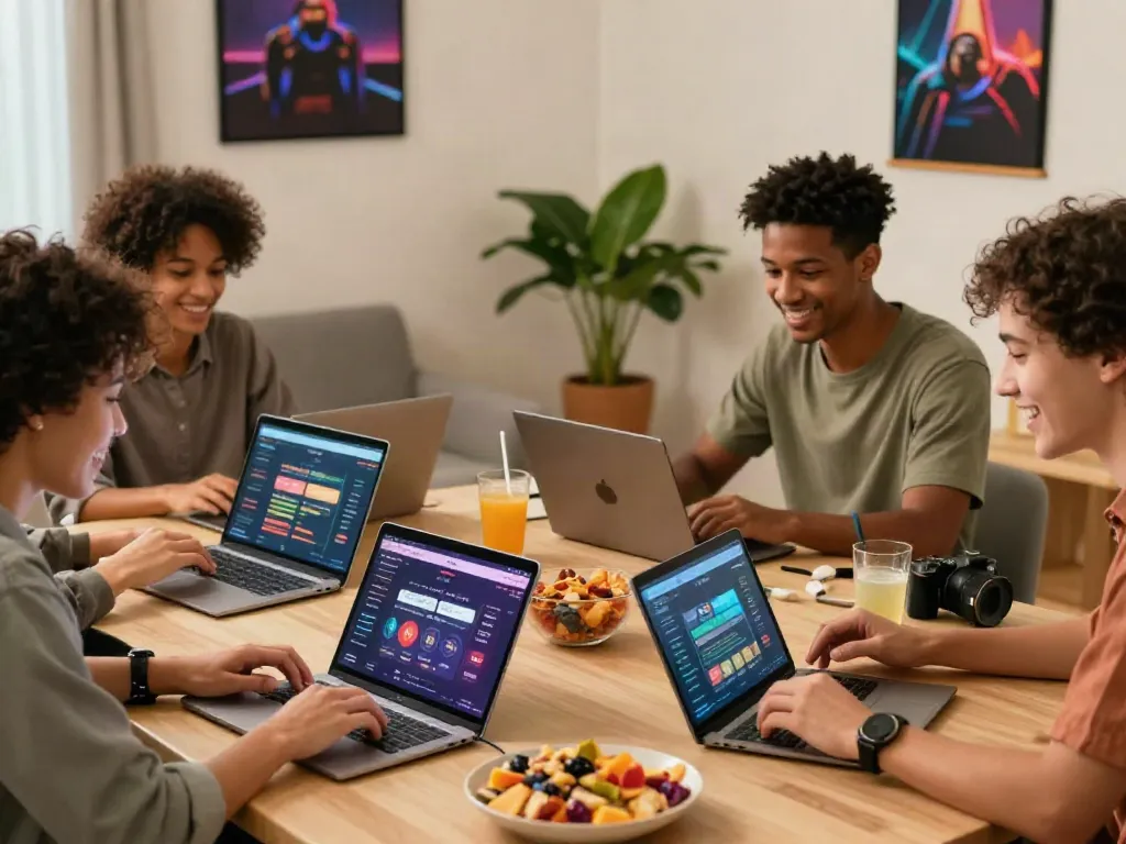 Group of friends enjoying new non Gamstop casinos online at home with laptops and snacks