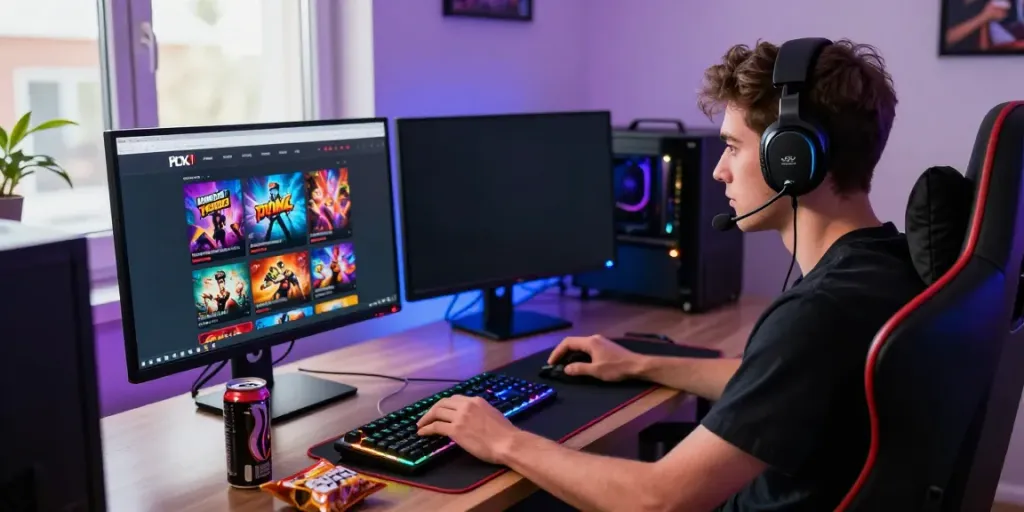 Engaging online gaming ambiance featuring new non gamstop casinos with vibrant graphics and snacks.