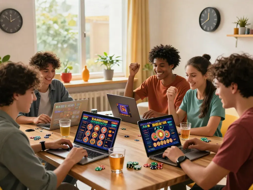 Young adults enjoying new non gamstop casinos in a cozy living room.