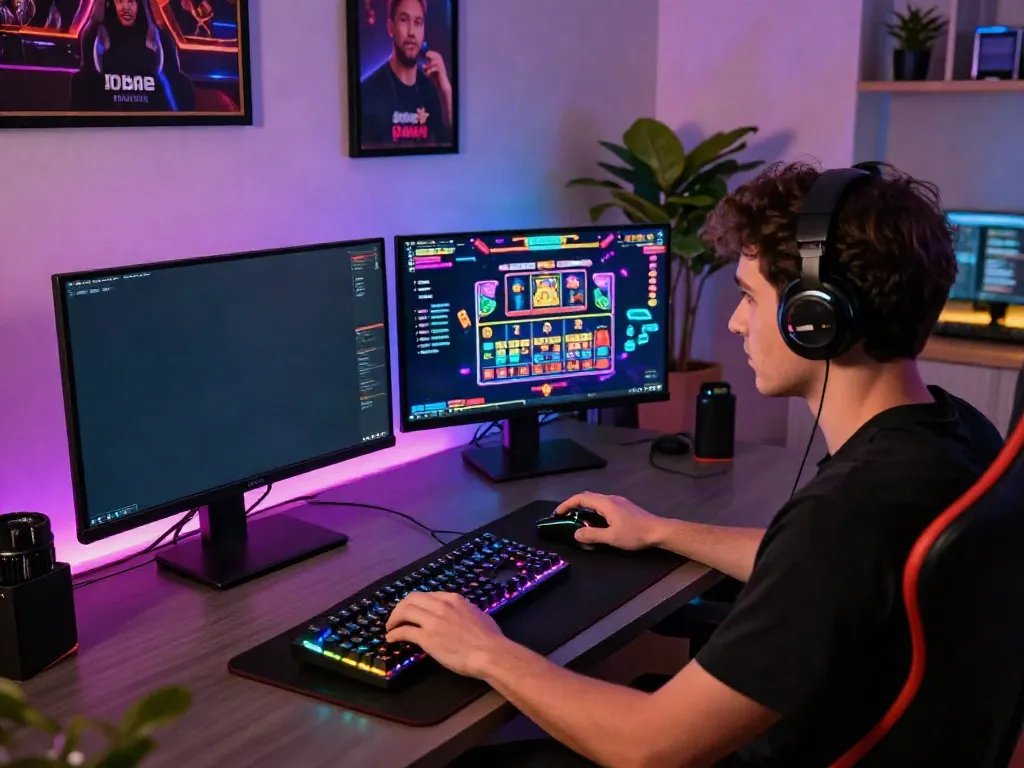 Engaging home office scene with a player experiencing new non gamstop casinos with vibrant gaming setup and accessories.
