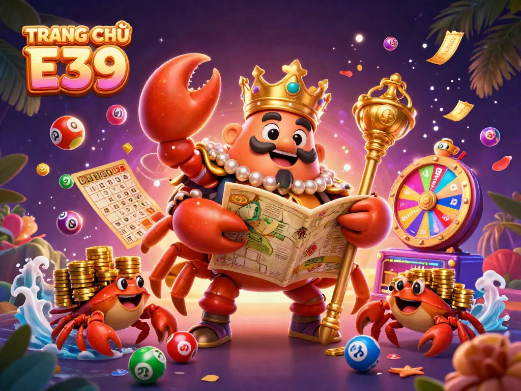 Engage with TRANG CHỦ E39's vibrant gaming scene featuring animated lottery balls and a golden crab emperor.