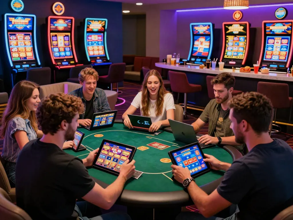 Friends enjoying new non gamstop casinos at a modern gaming lounge.