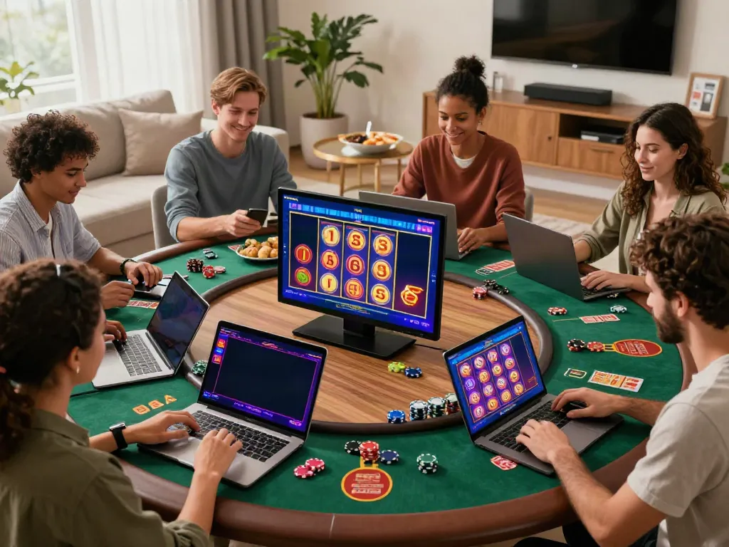 Exciting gaming at new non gamstop casinos with diverse players enjoying casino games in a cozy living room.