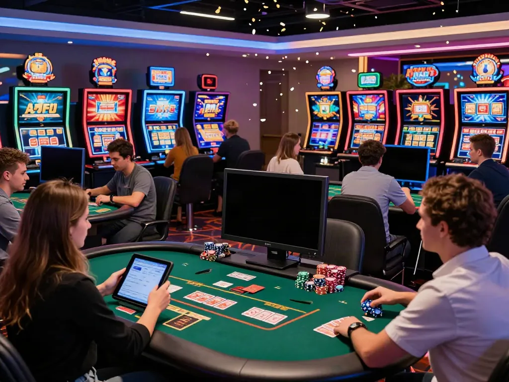 Exciting new non Gamstop casinos scene with diverse players enjoying games and vibrant promotions.