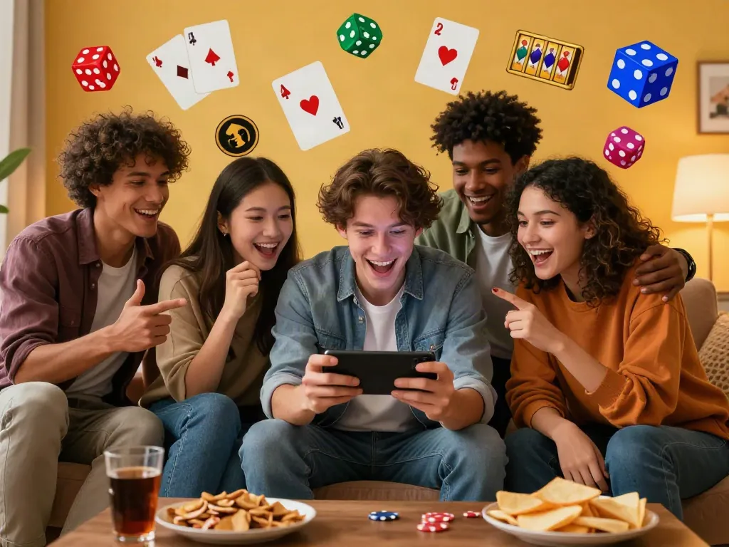 Friends excitedly exploring new non GamStop casinos on a mobile device in a cozy living room.