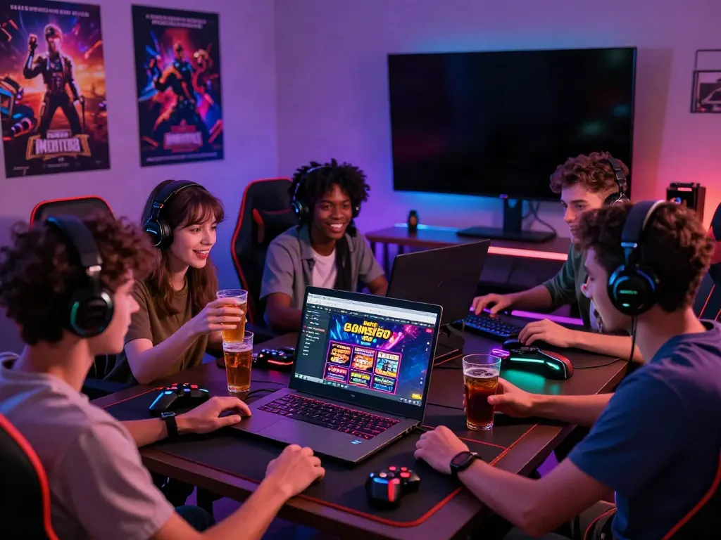 Friends exploring new non gamstop casinos in a vibrant gaming setup.