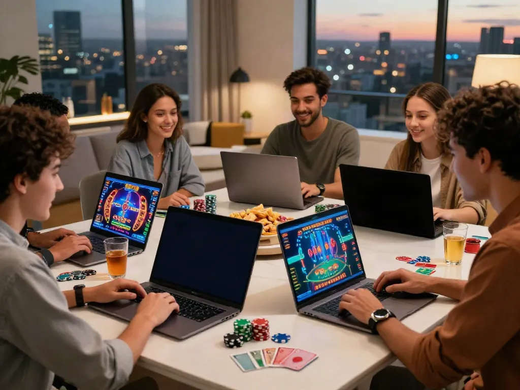 Exciting gaming night featuring new non gamstop casinos with friends enjoying a vibrant online session.