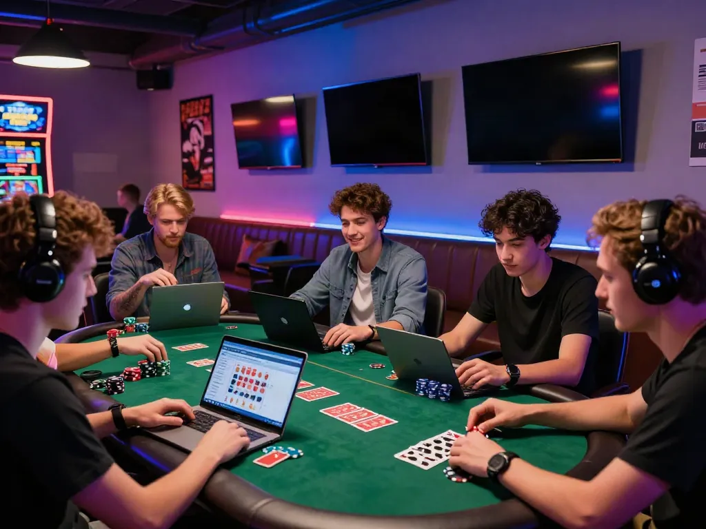 Friends enjoying new non gamstop casinos in a vibrant gaming lounge setting.