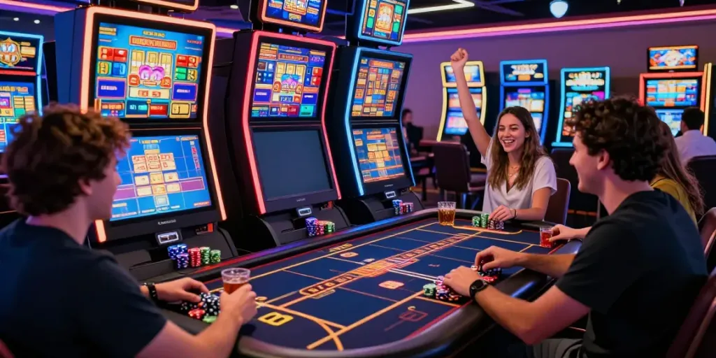 Engaging players celebrating at new non gamstop casinos gaming table with vibrant atmosphere.