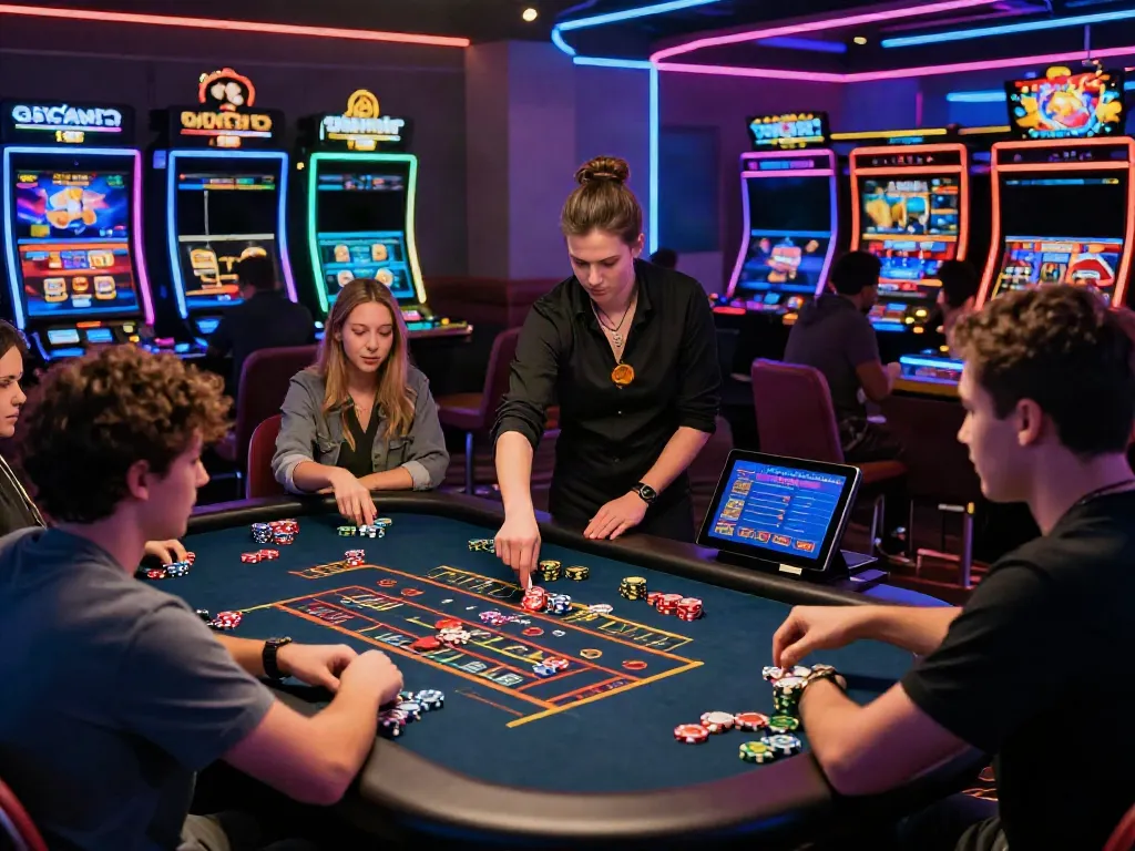 New non GamStop casinos scene with players enjoying roulette, vibrant lights, and engaging atmosphere.