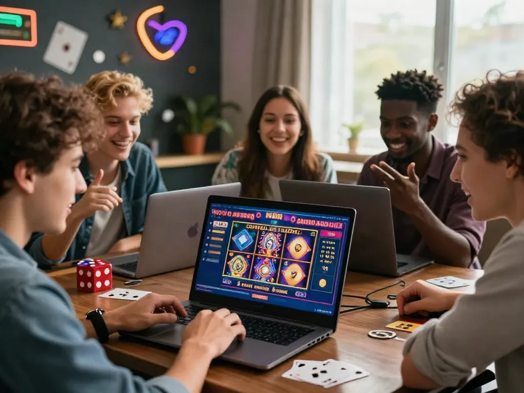Excited friends exploring new non Gamstop casinos on a laptop in a cozy atmosphere.
