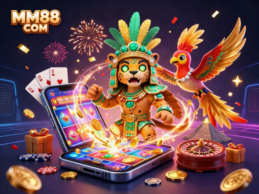 Spin and win with MM88 COM, showcasing a vibrant Mayan casino adventure in a dynamic 3D scene.