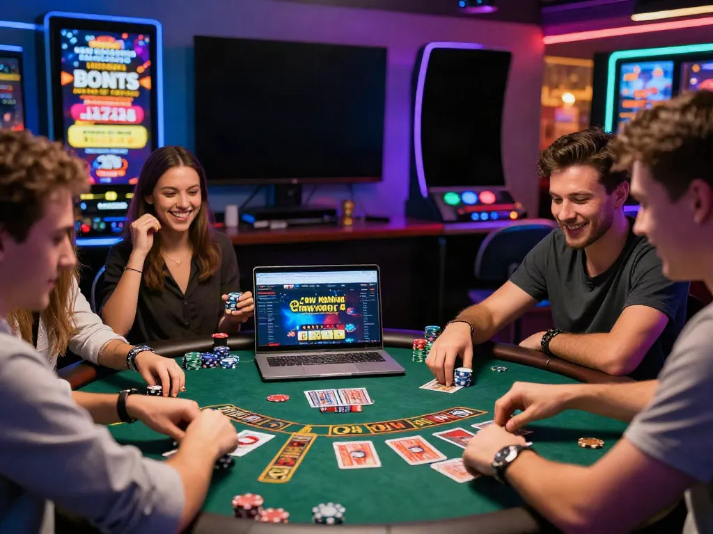 Exciting scene of friends playing at new non Gamstop casinos with vibrant lighting and gaming setup.
