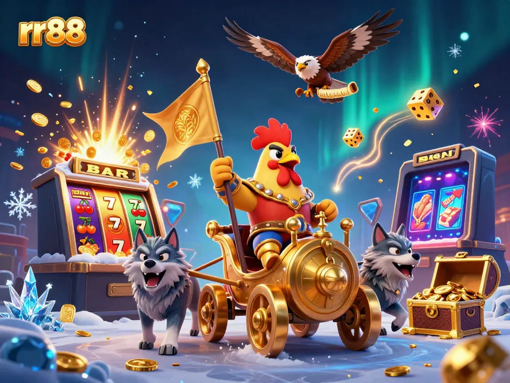 Experience the thrilling rr88 adventure with a rooster warlord in a vibrant casino world, featuring iconic slot symbols.