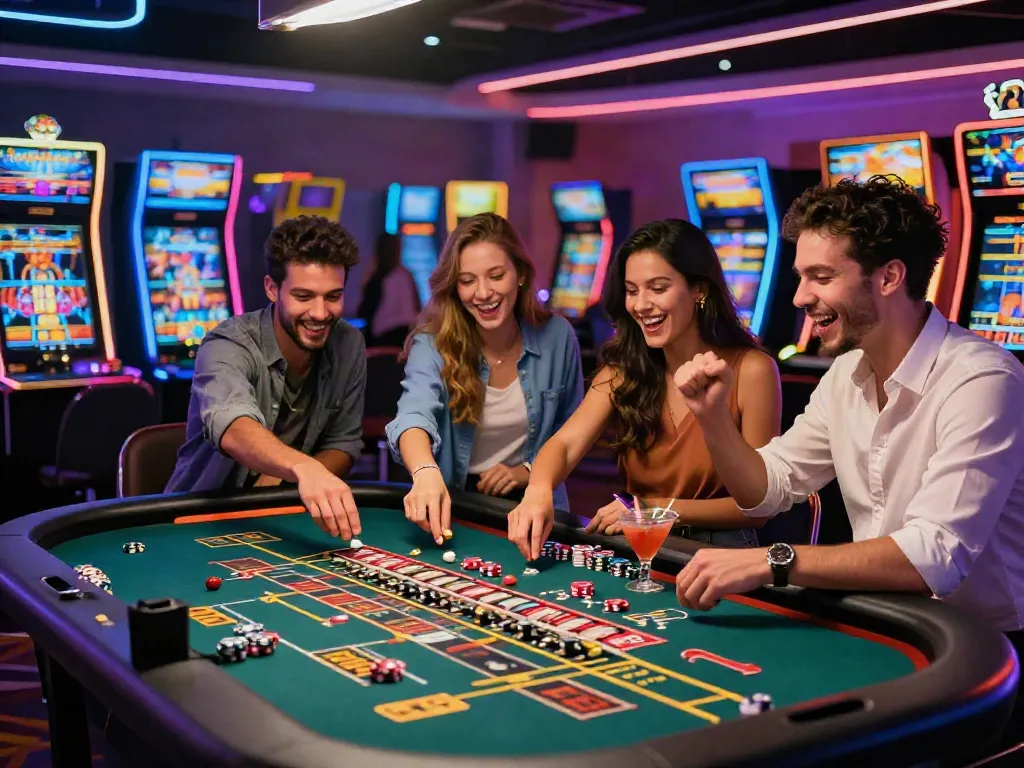 Friends celebrate at new non GamStop casinos, enjoying vibrant gameplay and exciting atmosphere.