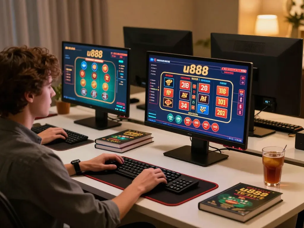Engaging with u888 online casino games at a sophisticated home gaming setup.