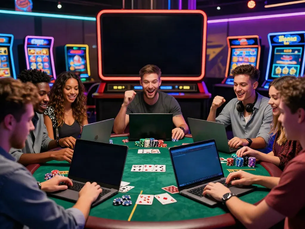 Friends enjoying games at new non gamstop casinos, surrounded by vibrant lights and poker chips.