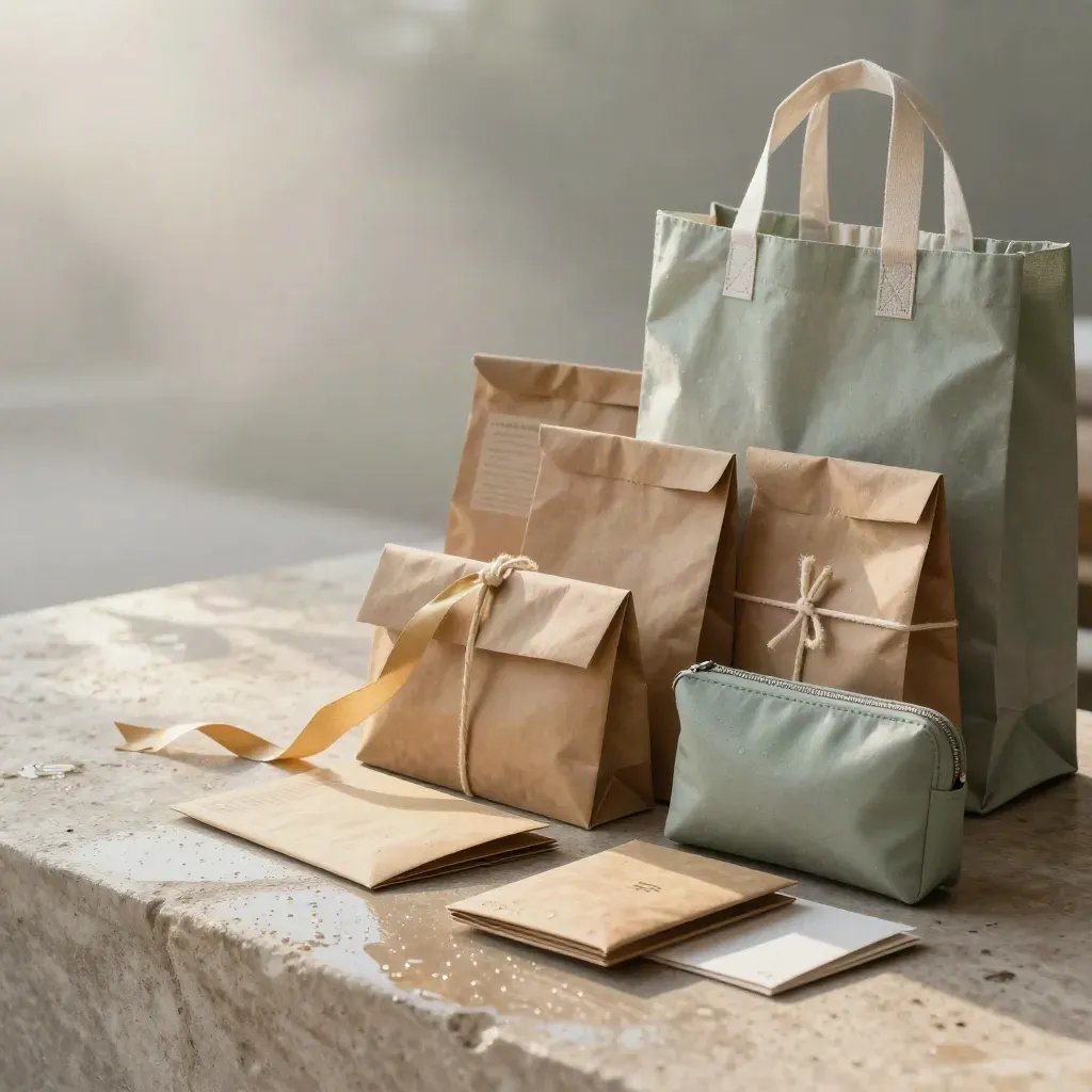 Rainy morning shopping parcels, coupon envelopes and sage tote bags on stone in cinematic light.