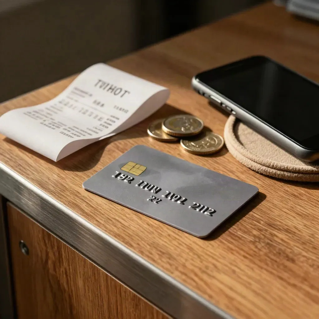 Tap-to-pay card beside face-down receipts, coin dish and muted phone on a warm wood console.