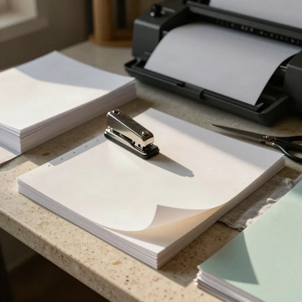 Overhead print-room scene with coupon sheets, trimmer, scissors, and printer tray on travertine.
