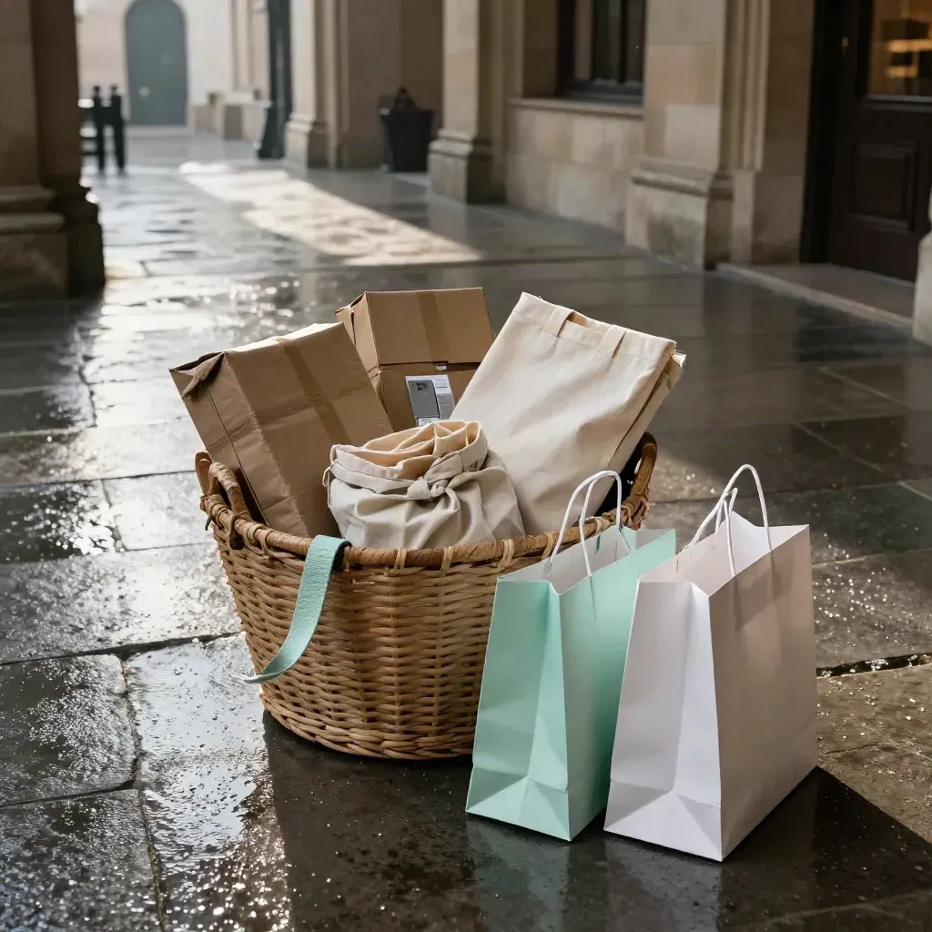 Rain-damp hall floor with shopping bags, tote and parcels in a weekend shopping scene