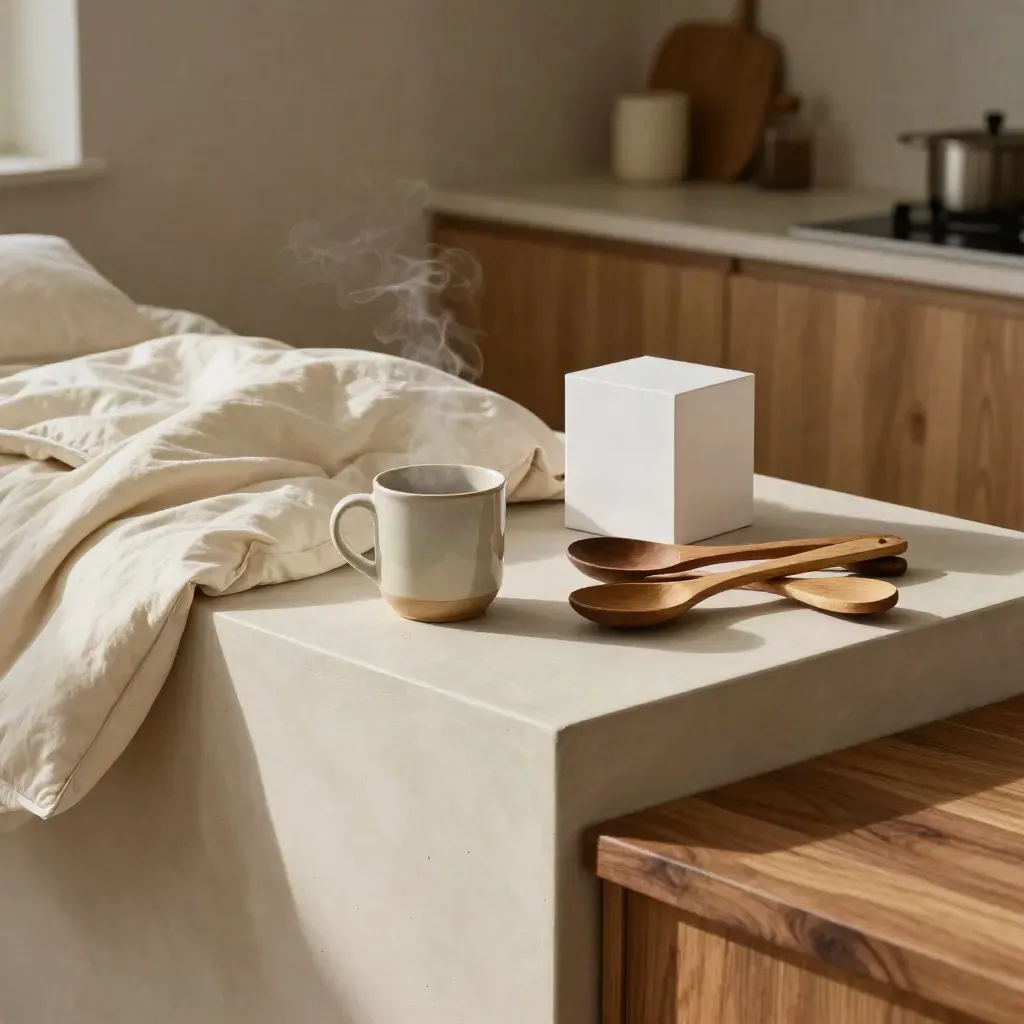 Cream bedding, mug, wooden utensils and a white lamp box on a plaster counter in warm light.