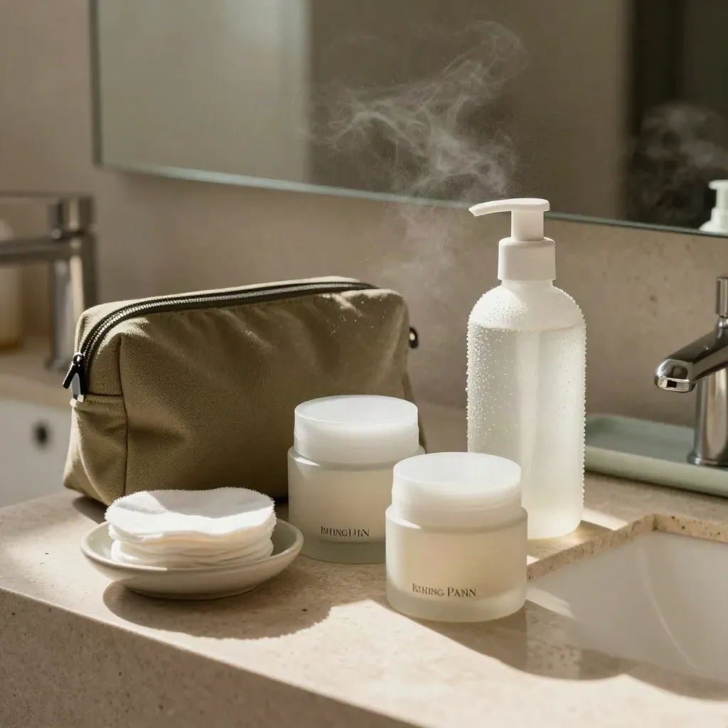 Skincare jars, a khaki makeup pouch, cotton pads and a frosted bottle on misty bathroom stone.