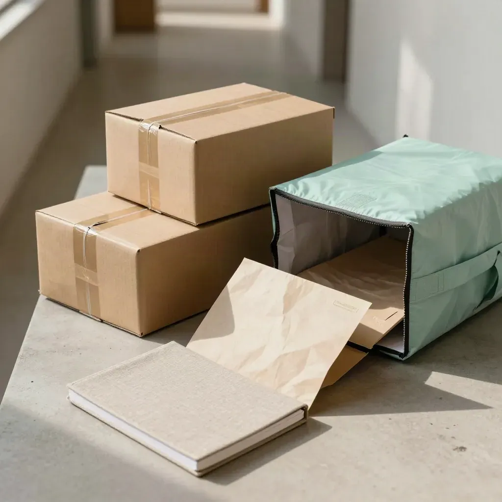 Opened parcel boxes, packing paper, notebook and mint delivery tote on a hall table.